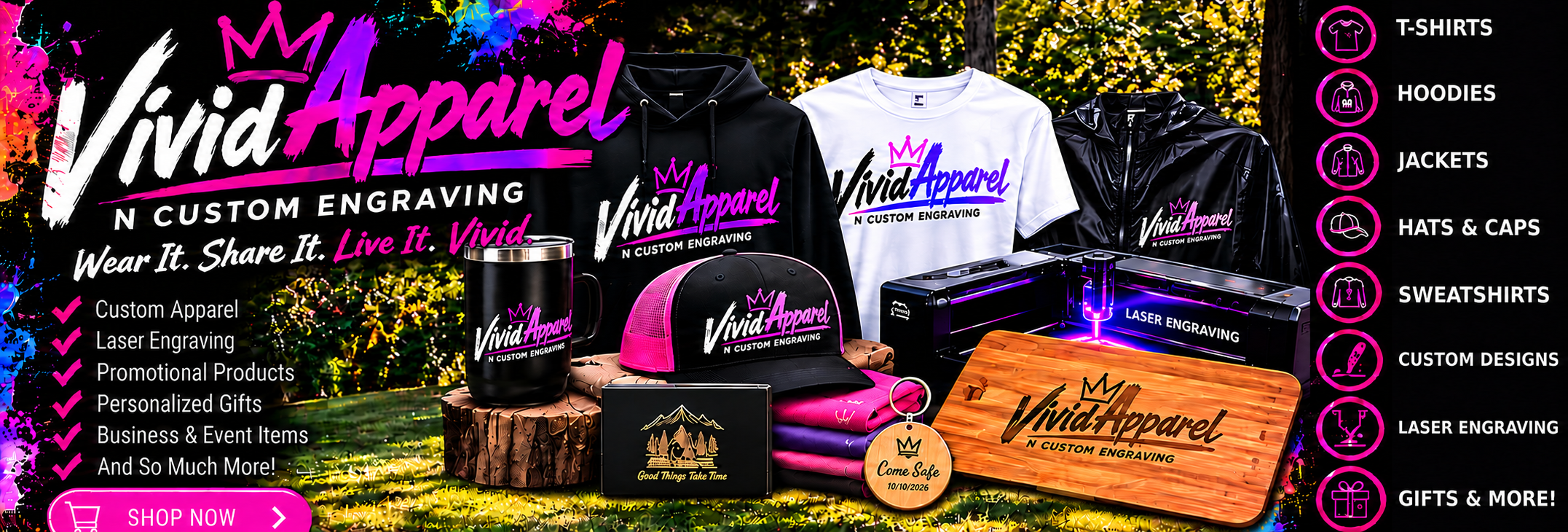 Vivid Apparel custom apparel, personalized gifts, and laser engraving